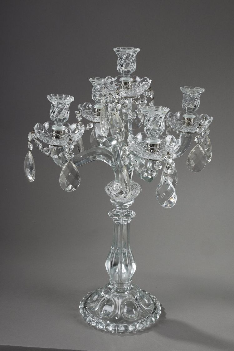 Pair of glass candelabras with crystal pendants