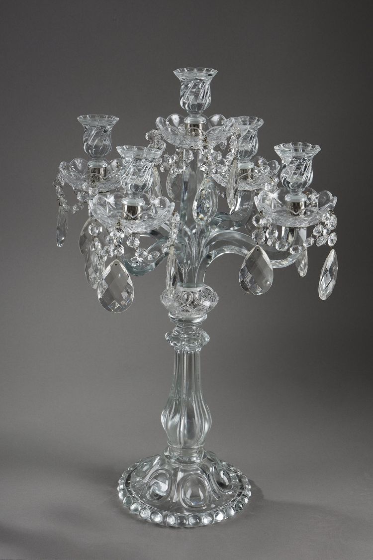 Pair of glass candelabras with crystal pendants