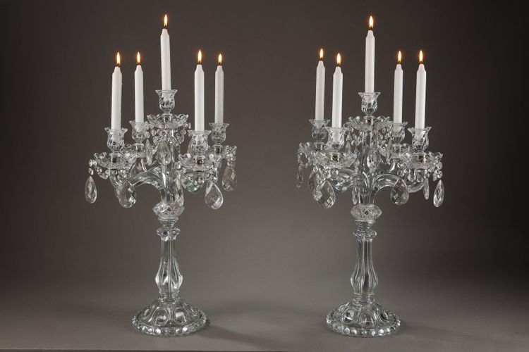 Pair of glass candelabras with crystal pendants