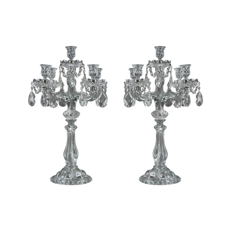 Pair of glass candelabras with crystal pendants