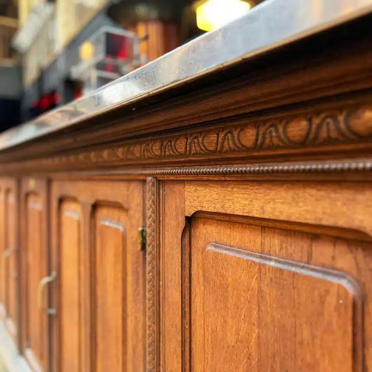 Oak bar counter with stainless steel top