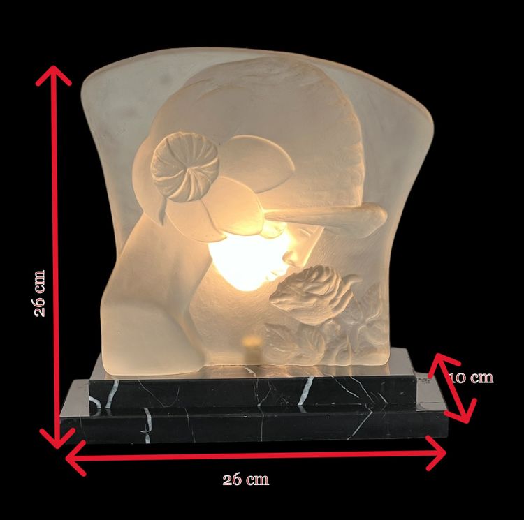 LAMPE ÉPOQUE ART DÉCO EN PÂTE DE VERRE SUR SOCLE EN MARBRE " VISAGE DE FEMME "