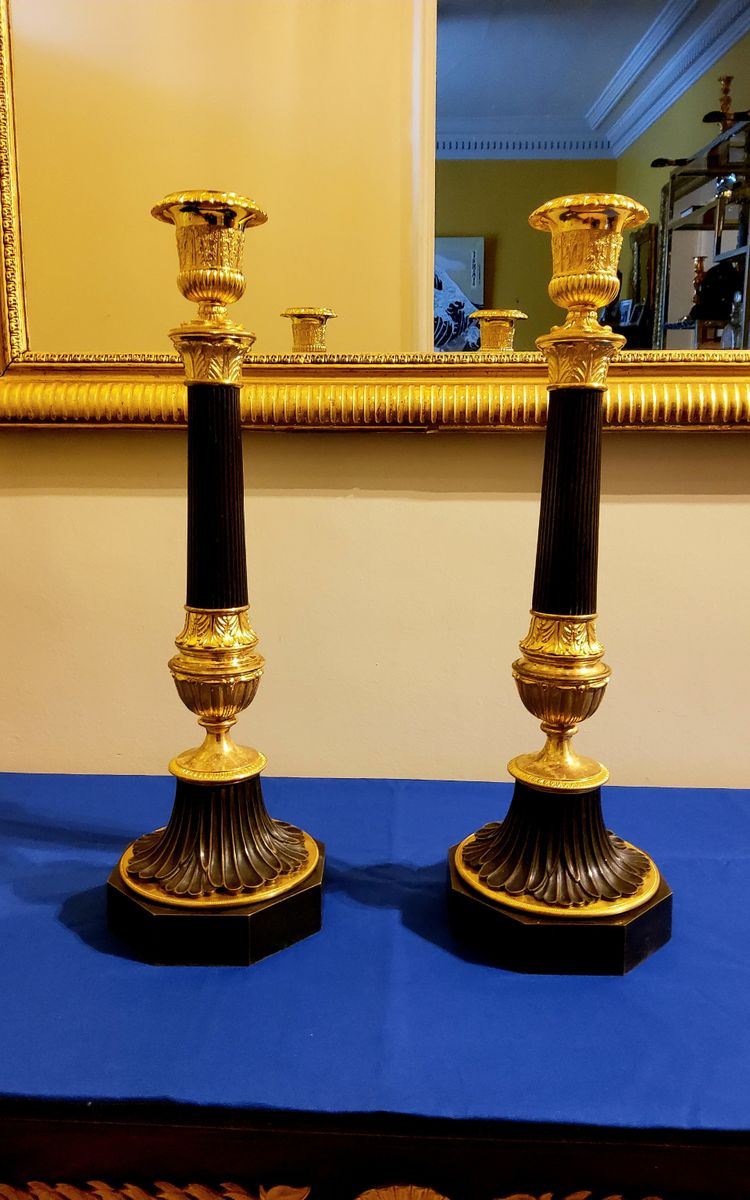 Pair of Antique Bronze Column Candlesticks with Double Patina, 19th Century