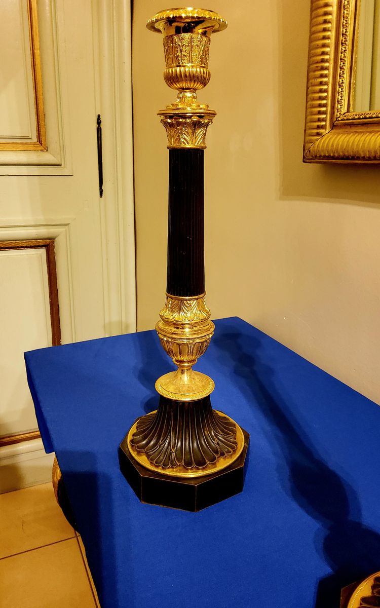 Pair of Antique Bronze Column Candlesticks with Double Patina, 19th Century