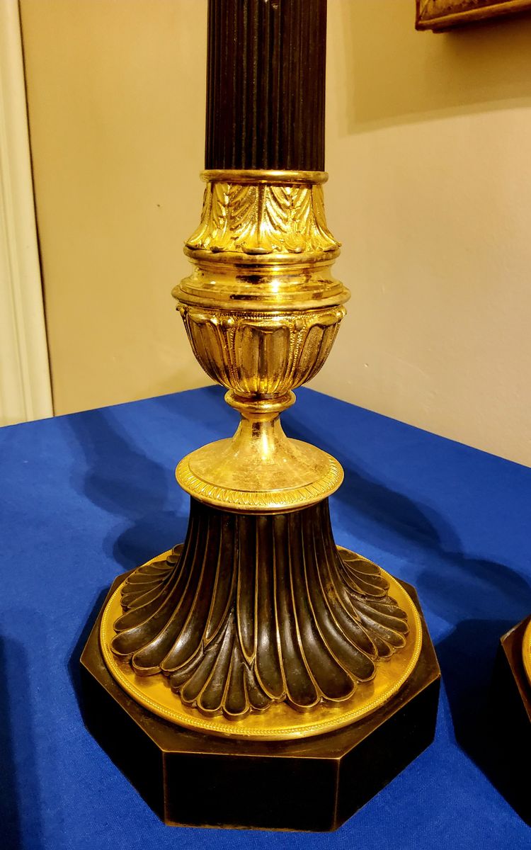 Pair of Antique Bronze Column Candlesticks with Double Patina, 19th Century