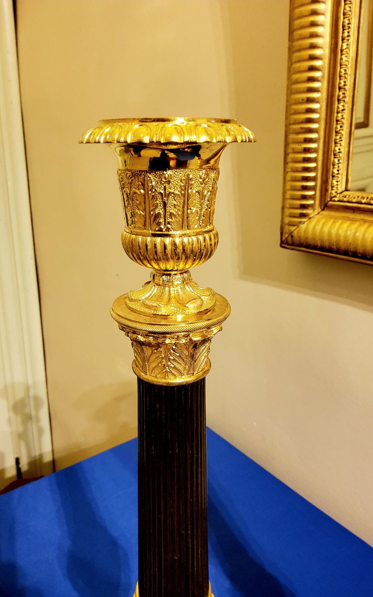 Pair of Antique Bronze Column Candlesticks with Double Patina, 19th Century