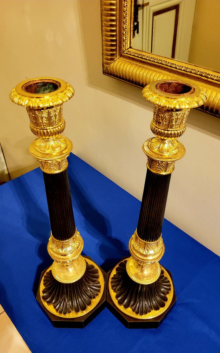 Pair of Antique Bronze Column Candlesticks with Double Patina, 19th Century