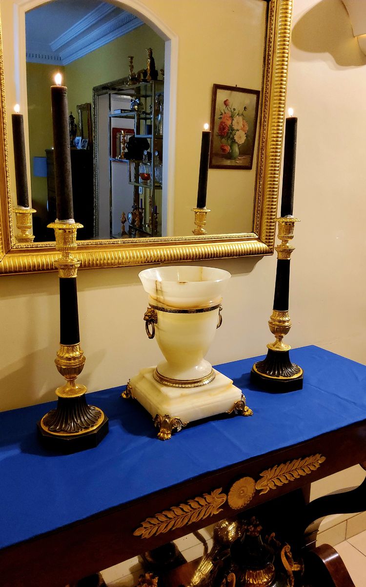 Pair of Antique Bronze Column Candlesticks with Double Patina, 19th Century