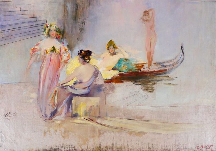 Raymond Allègre 1857-1933 Venedig, Frauen vor einem Palast, Gemälde, um 1900, Italien