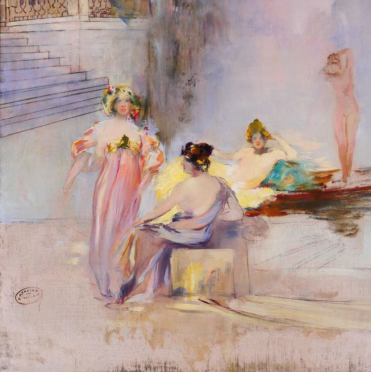 Raymond Allègre 1857-1933 Venedig, Frauen vor einem Palast, Gemälde, um 1900, Italien