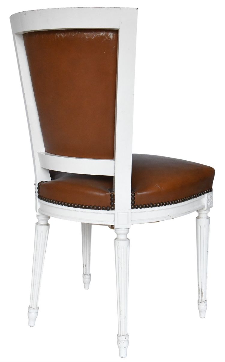 Set of 8 Louis XVI style chairs in white painted wood and brown leather upholstery