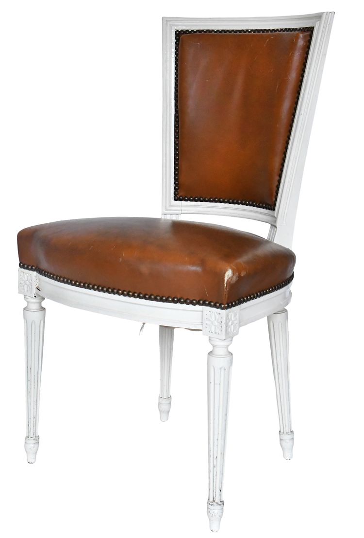 Set of 8 Louis XVI style chairs in white painted wood and brown leather upholstery