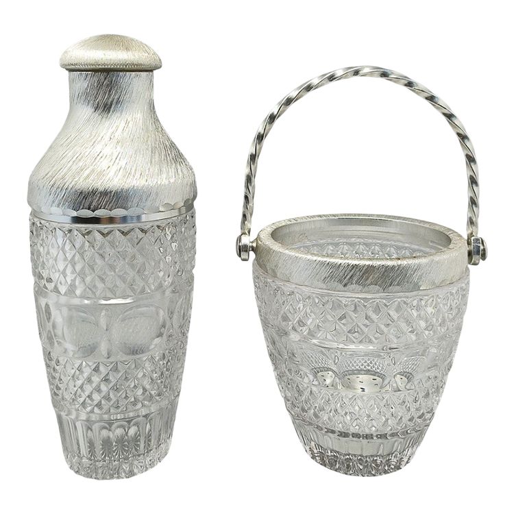 1960s Gorgeous Cut Crystal Cocktail Shaker with Ice Bucket by Arir. Made in Italy.