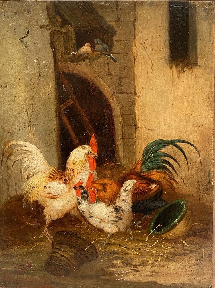 Claude Guilleminet (1821-1885). Farmyard scene, oil on panel