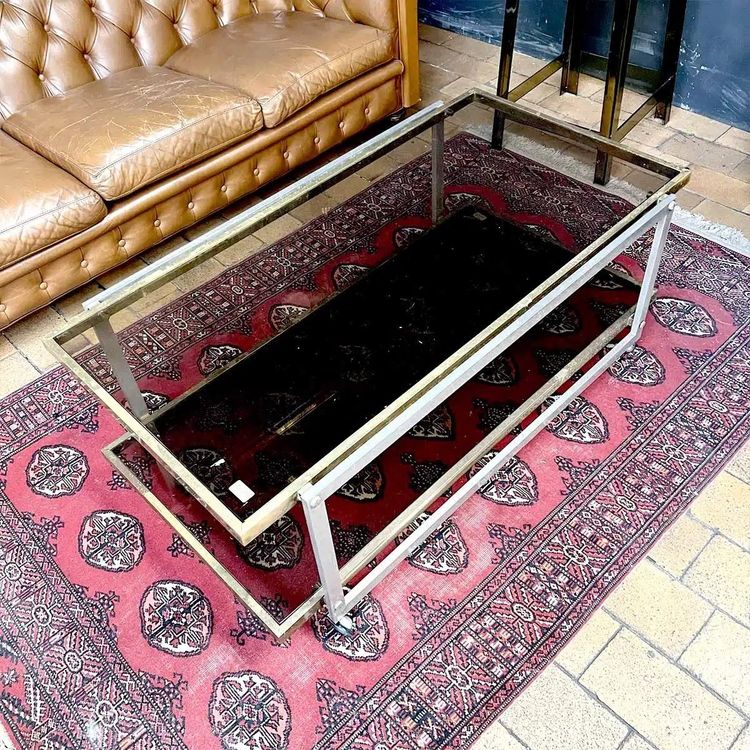 Brass and Stainless Steel Coffee Table with Smoked Glass