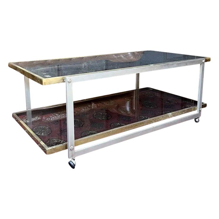 Brass and Stainless Steel Coffee Table with Smoked Glass