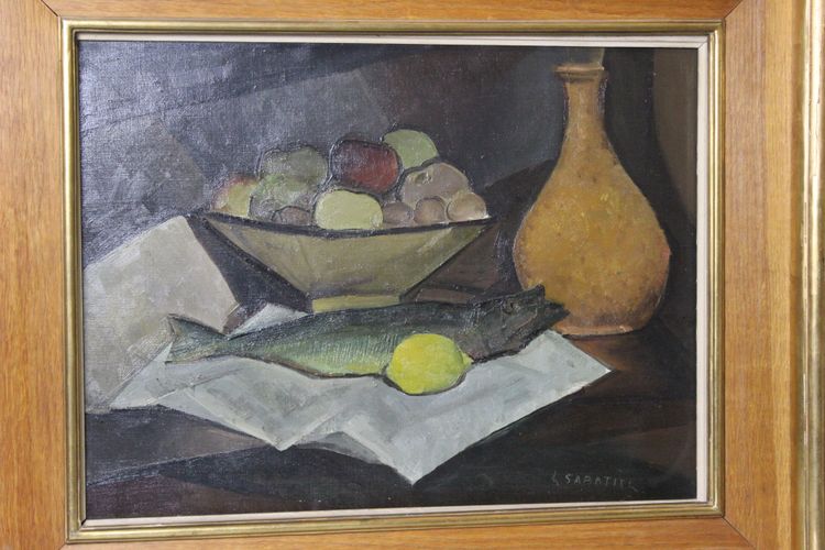 Oil on Canvas Still Life with Trout by Sabatier Circa 1940