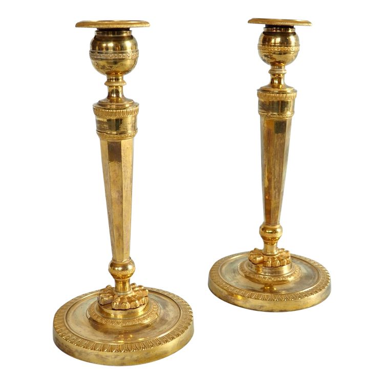 Pair of Empire gilt bronze candlesticks - Return from Egypt, Consulate period -