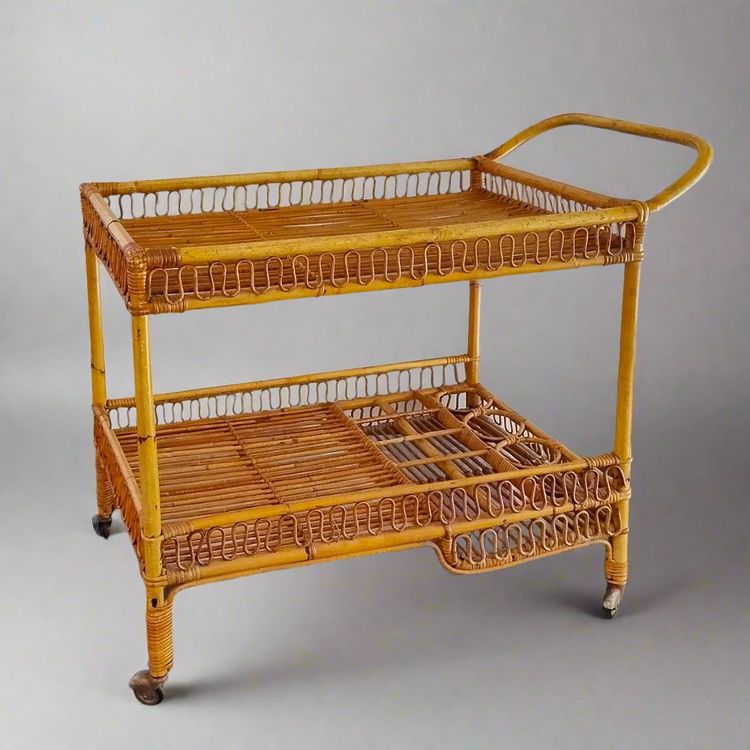 1960s Gorgeous Bamboo & Rattan Serving Bar Cart Trolley by Franco Albini.