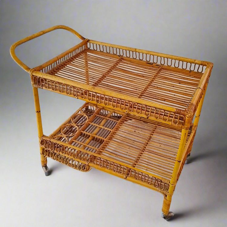 1960s Gorgeous Bamboo & Rattan Serving Bar Cart Trolley by Franco Albini.