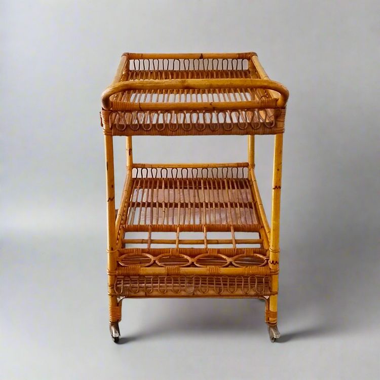 1960s Gorgeous Bamboo & Rattan Serving Bar Cart Trolley by Franco Albini.