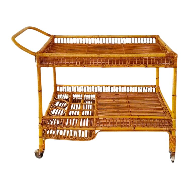 1960s Gorgeous Bamboo & Rattan Serving Bar Cart Trolley by Franco Albini.