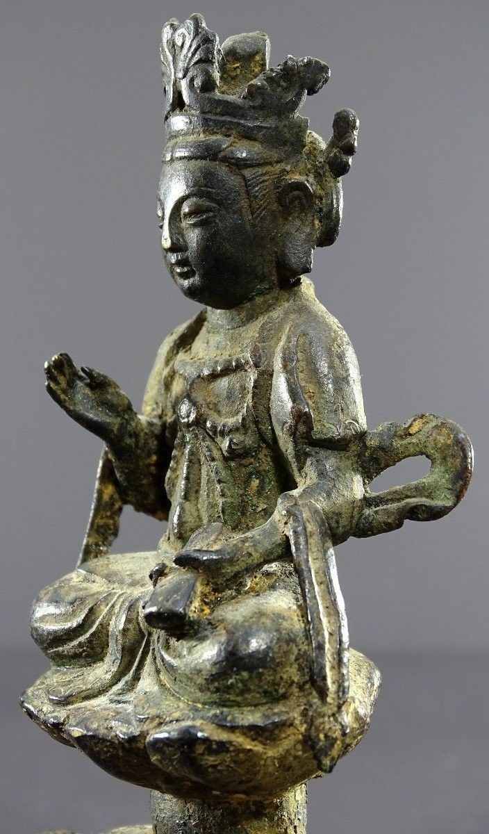 China, Ming Dynasty, Late 14th-early 15th century, Bronze Statuette of Majushri on a Lion.