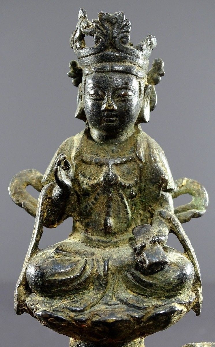 China, Ming Dynasty, Late 14th-early 15th century, Bronze Statuette of Majushri on a Lion.