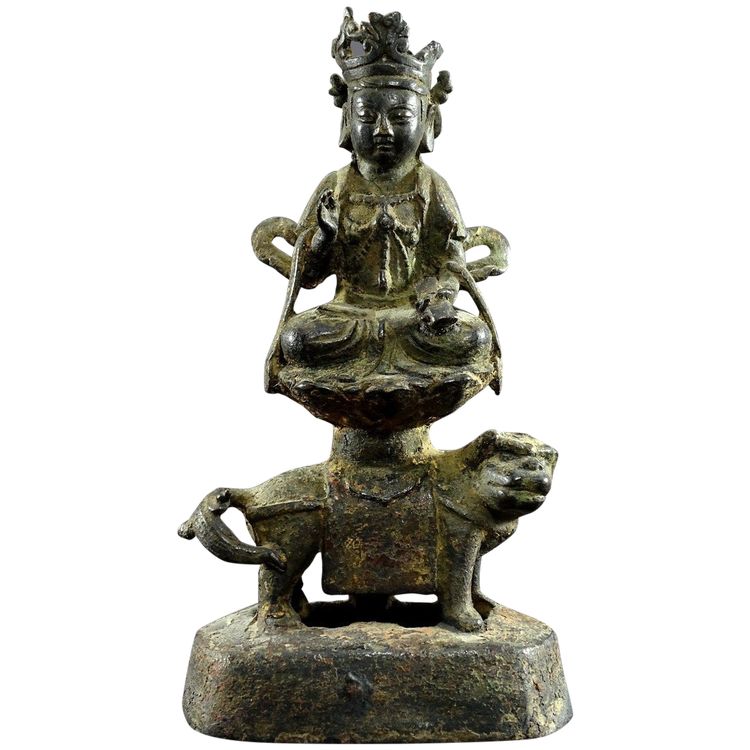 China, Ming Dynasty, Late 14th-early 15th century, Bronze Statuette of Majushri on a Lion.