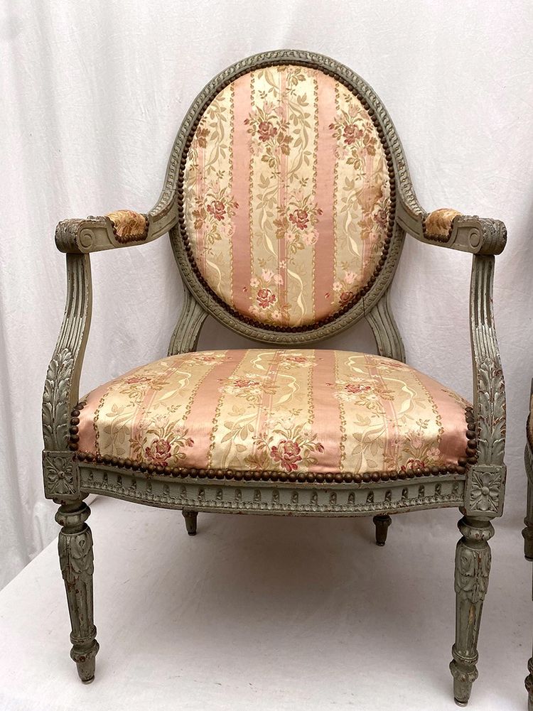 Pair of large Louis XVI style armchairs, blue-grey lacquered wood. Late 18th, early 19th century