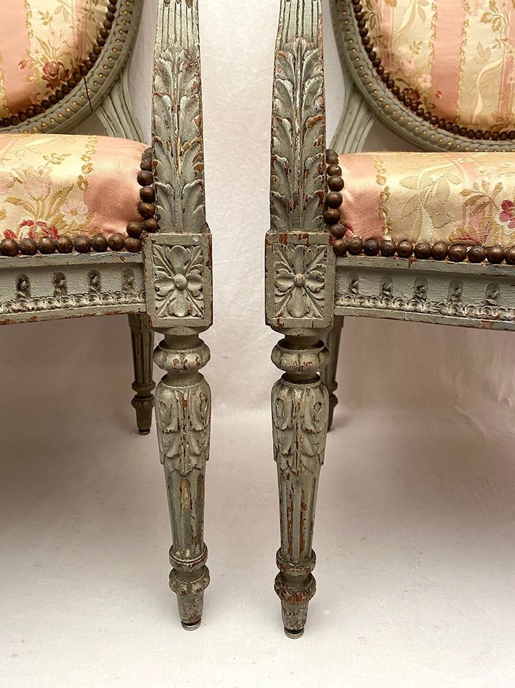 Pair of large Louis XVI style armchairs, blue-grey lacquered wood. Late 18th, early 19th century