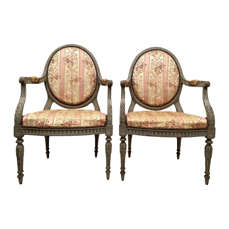 Pair of large Louis XVI style armchairs, blue-grey lacquered wood. Late 18th, early 19th century