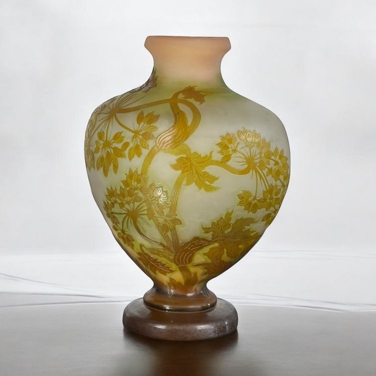 VASE BY ÉMILE GALLÉ WITH UMBELLIFERA DECOR, ART NOUVEAU PERIOD, HEART-SHAPED