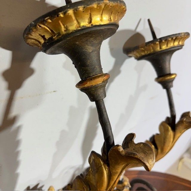 Antique pair of 18th century antique arms in painted, gilded and lacquered wood. Candelabra appliques