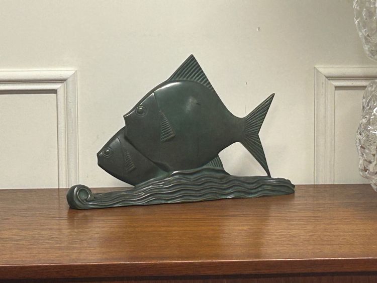  Rare Bronze Art Déco Poissons Patine Verte Vers 1930 