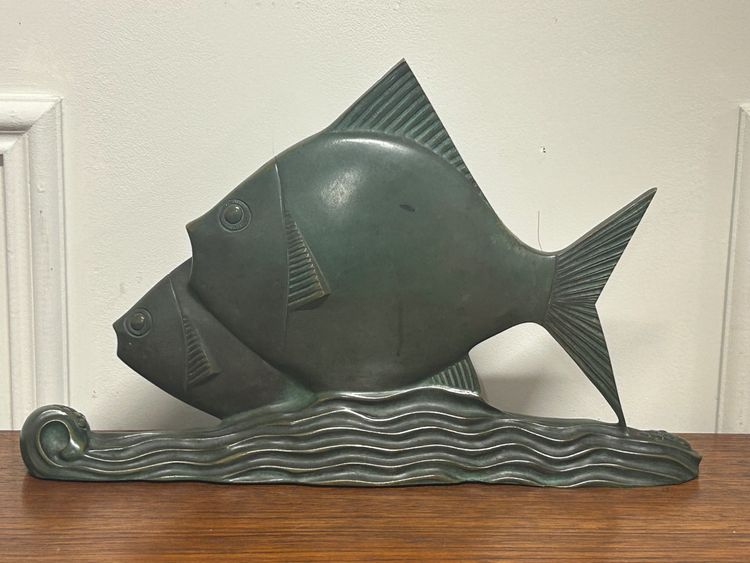  Rare Bronze Art Déco Poissons Patine Verte Vers 1930 