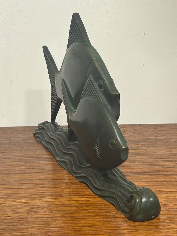  Rare Bronze Art Déco Poissons Patine Verte Vers 1930 