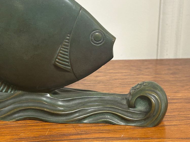  Rare Bronze Art Déco Poissons Patine Verte Vers 1930 