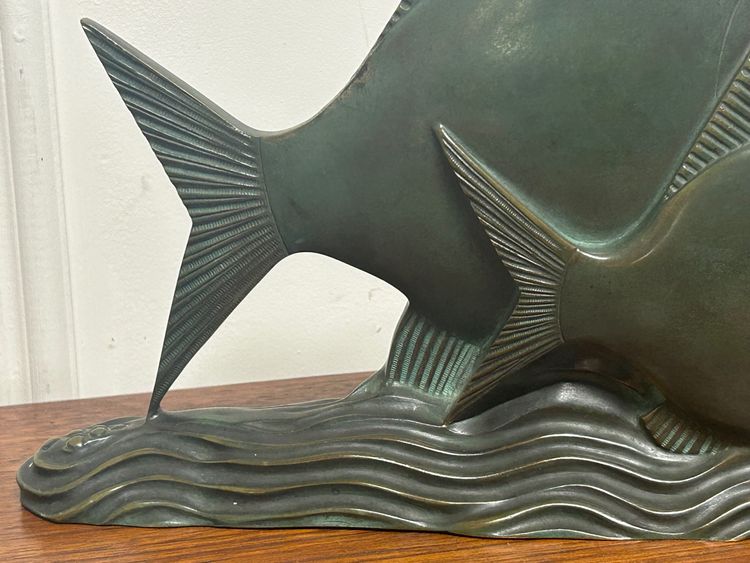  Rare Bronze Art Déco Poissons Patine Verte Vers 1930 