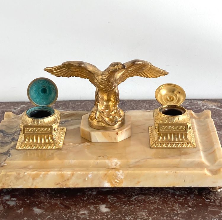 Inkwell in Gilt Bronze and Yellow Siena Marble, Late 19th Century