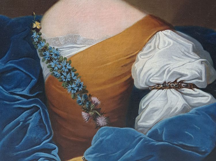 18th Century School, Portrait of a Lady in a Blue Dress Signed on the Back Hubart 1741