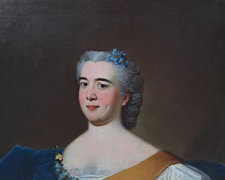 18th Century School, Portrait of a Lady in a Blue Dress Signed on the Back Hubart 1741