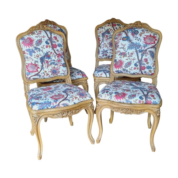 4 Louis XV style chairs in painted wood and upholstered cushions.