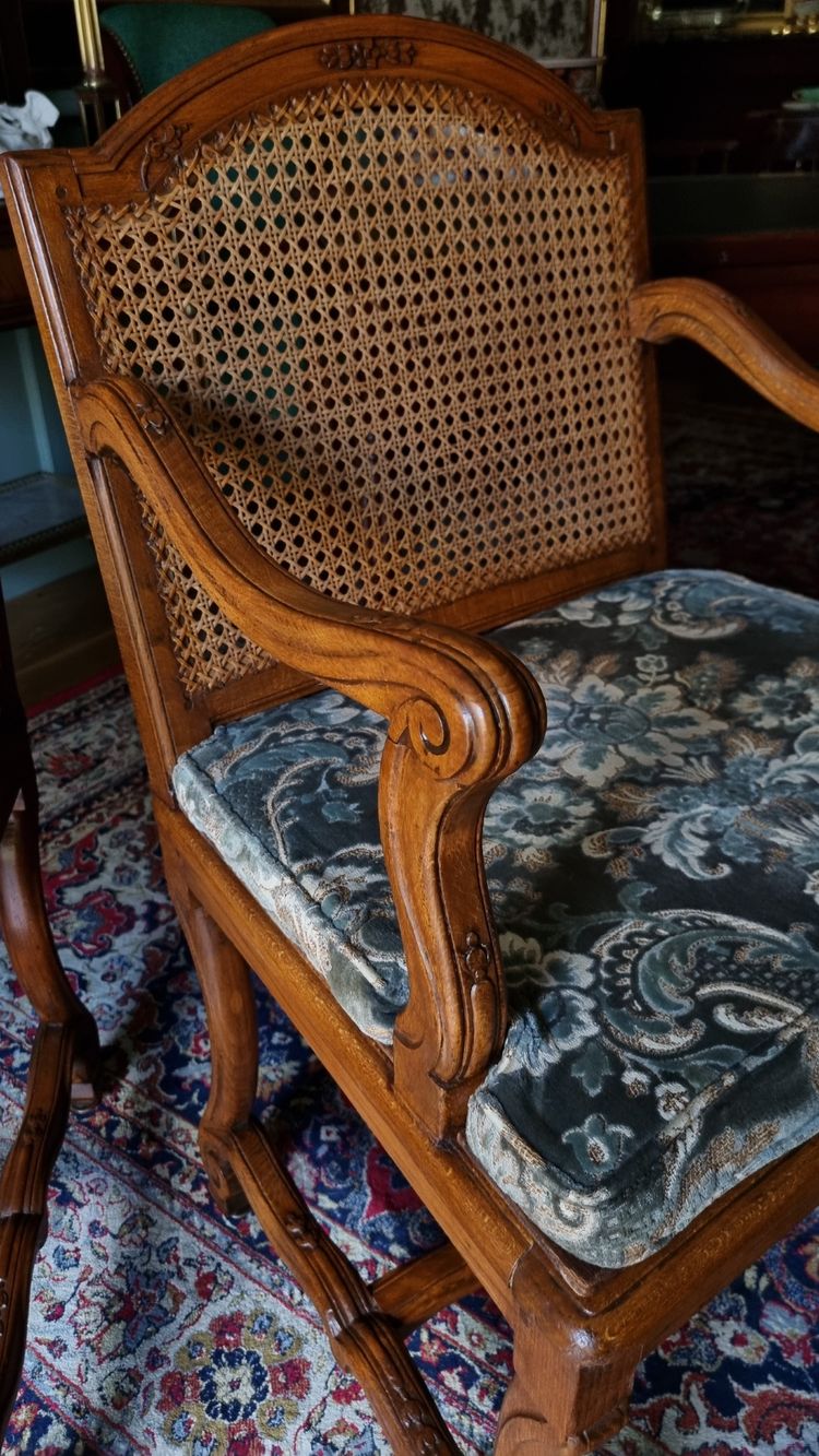 Pair of Louis XIV style caned armchairs. Late 19th century.