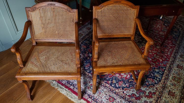 Pair of Louis XIV style caned armchairs. Late 19th century.