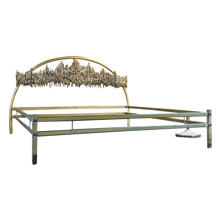 Bed with Headboard with Brutalist Bronze Sculpture by Frigerio, Italy, 1968