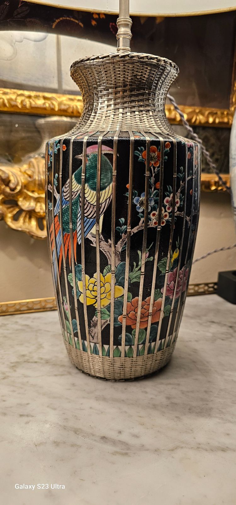 Pair of lamps with birds and branches in their silver cages, Japan circa 1920.