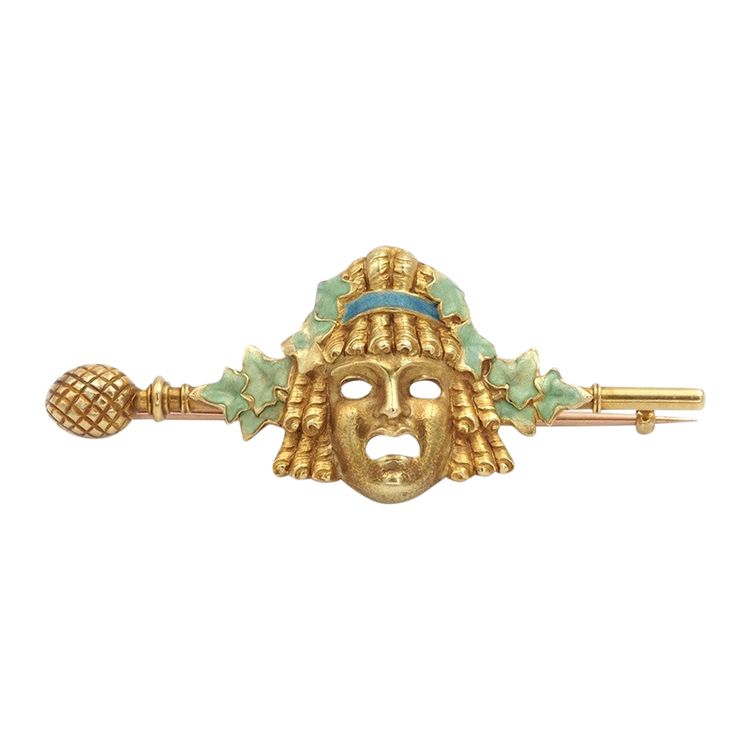 Louis Zorra Theater Mask Brooch In 18k Gold, Art Nouveau, Antique Jewelry, Enamel