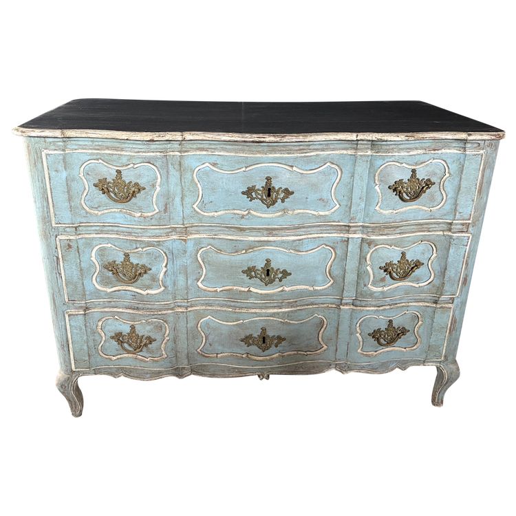 Louis XV curved chest of drawers dating from the 18th century, polychrome