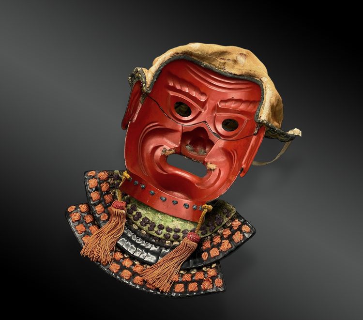 Vollgesichtsmaske der Samurai-Rüstung, genannt Menpō vom Typ Sômen, signiert von Narishige, Japan, Edo-Zeit 